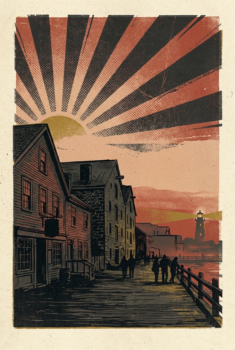 Vintage screenprint poster of the Halifax waterfront at dusk