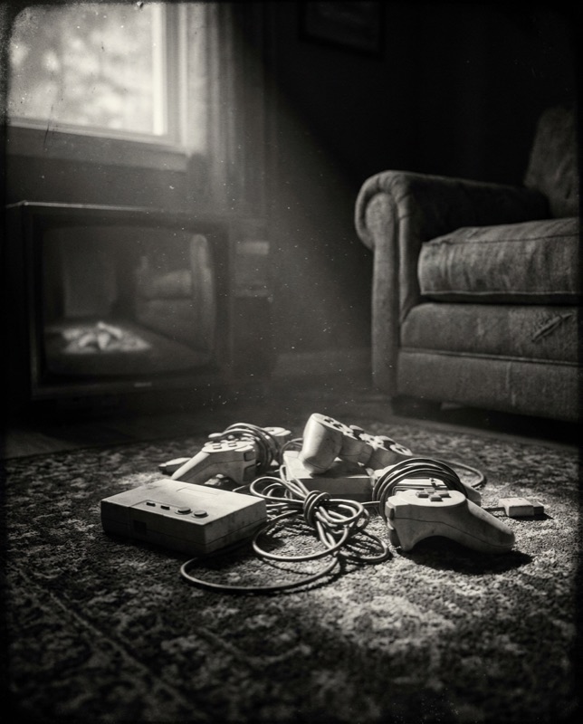 Four tangled controllers on a living room carpet before a CRT television
