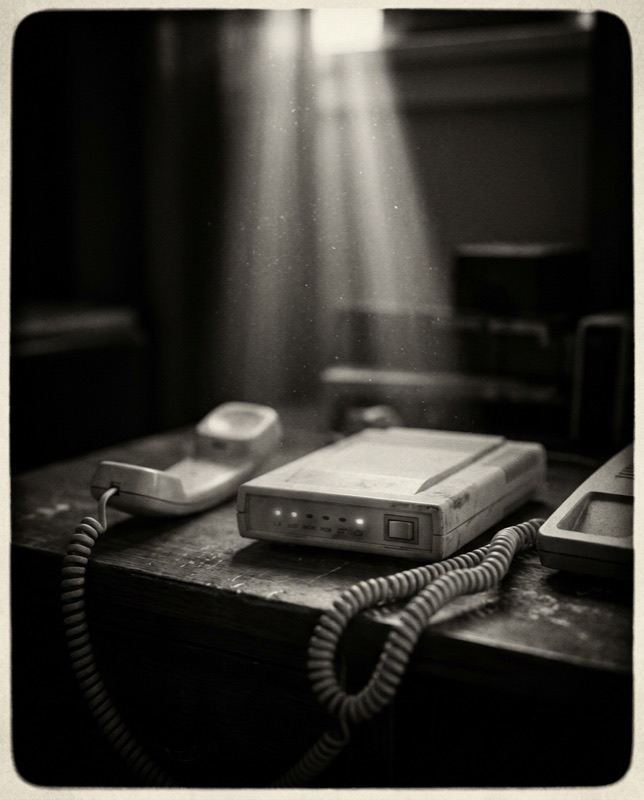 A dial-up modem beside a landline handset off the hook