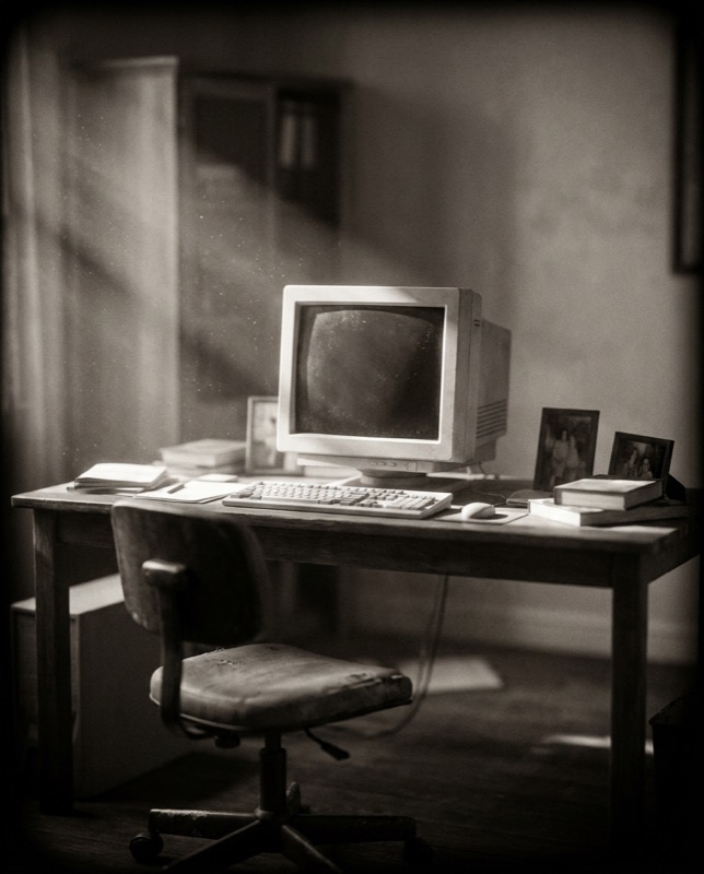 A dusty CRT monitor on a family room desk