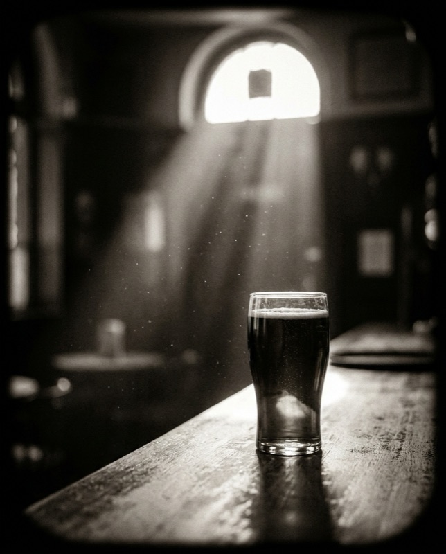A single pint lit by a shaft of light
