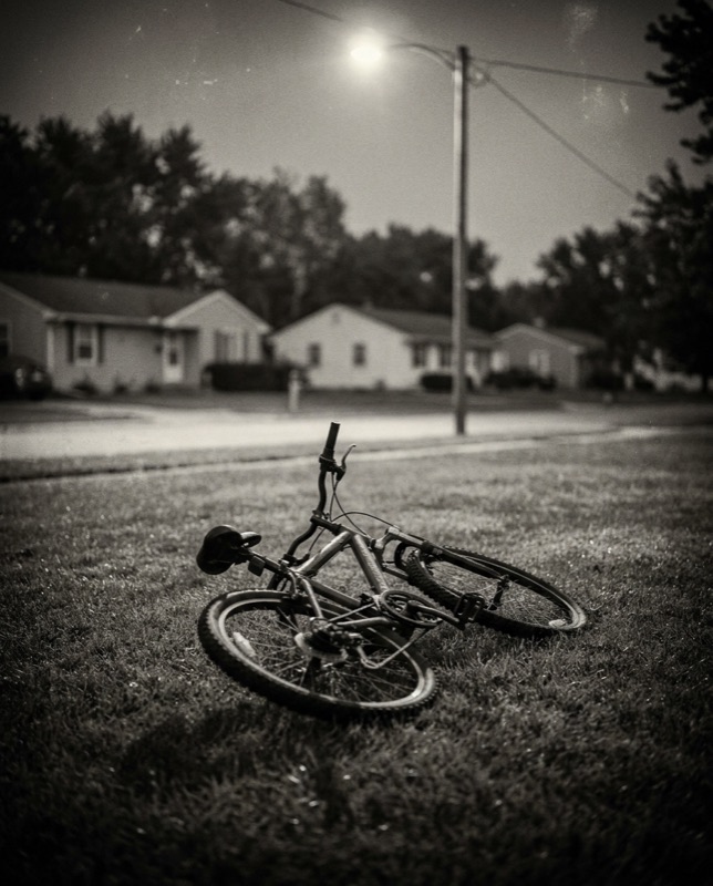 A child's bike on a lawn at dusk under a streetlight