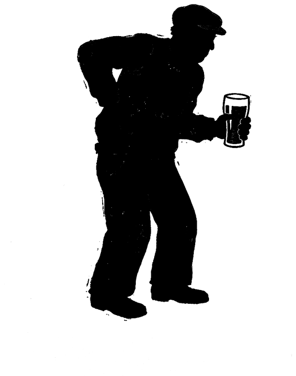 A silhouetted figure holding a pint
